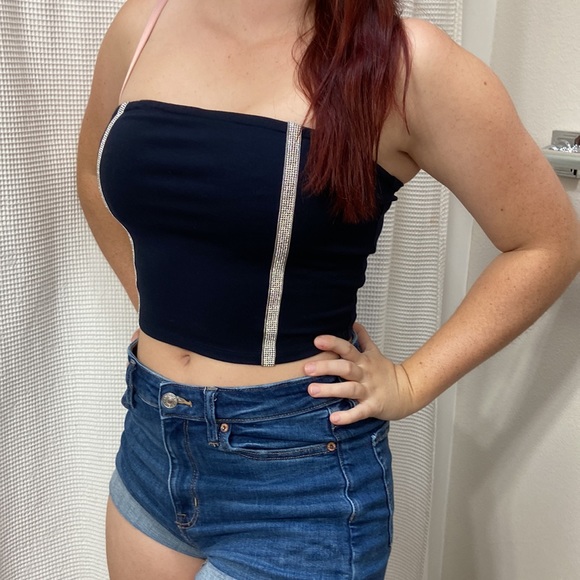 Women’s Urban Outfitters navy blue sparkle strapless bandeau/tube top. Size M - Picture 3 of 13